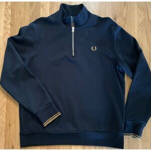 Fred Perry 1/4 Zip Pullover Sweatshirt Navy Blue Mock Neck Cotton Size L